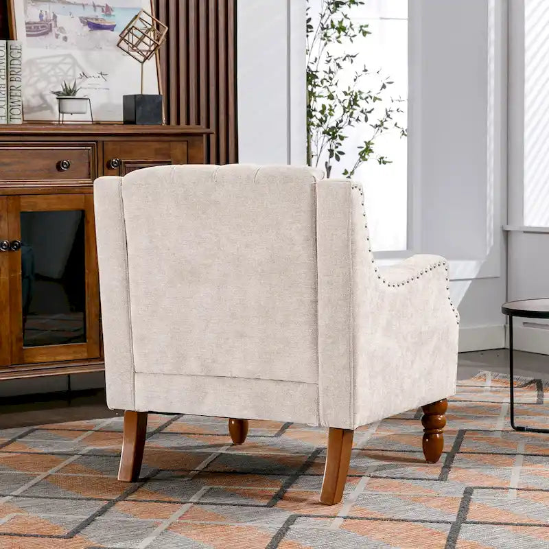 Linen Upholstered Accent Chair with Solid Wood Legs,Mid-Century Modern Single Lounge Sofa Chair for Living Room and Bedroom