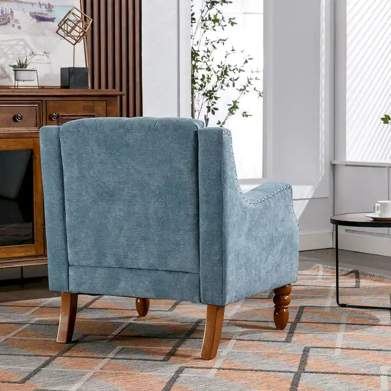 Linen Upholstered Accent Chair with Solid Wood Legs,Mid-Century Modern Single Lounge Sofa Chair for Living Room and Bedroom