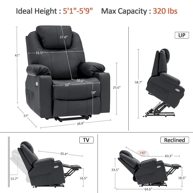 MCombo Electric Power Lift Recliner Chair Sofa with Massage and Heat, 3 Positions, USB Ports, Faux Leather 7040