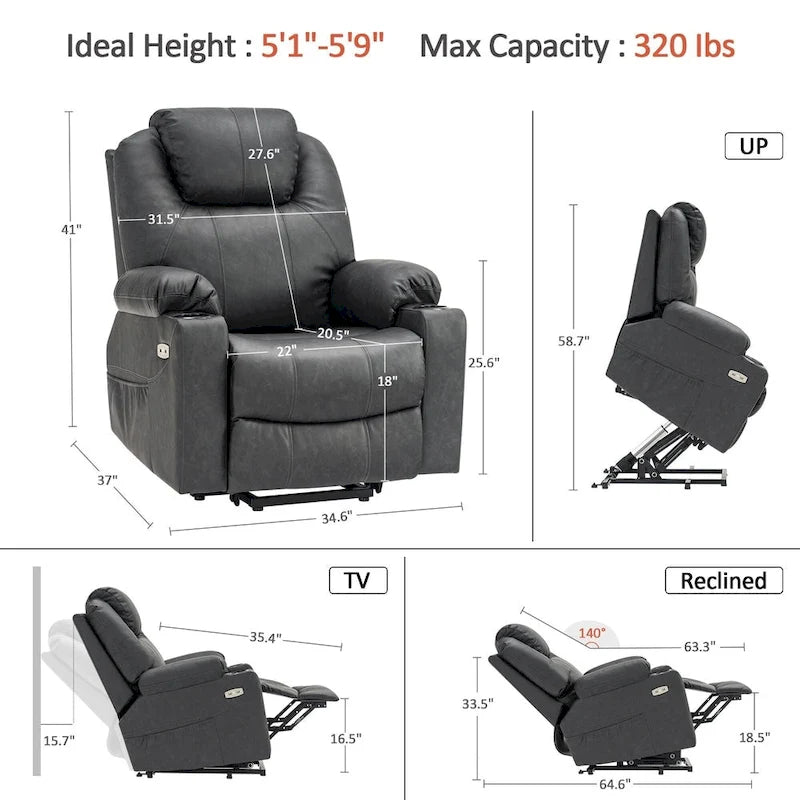 MCombo Electric Power Lift Recliner Chair Sofa with Massage and Heat, 3 Positions, USB Ports, Faux Leather 7040