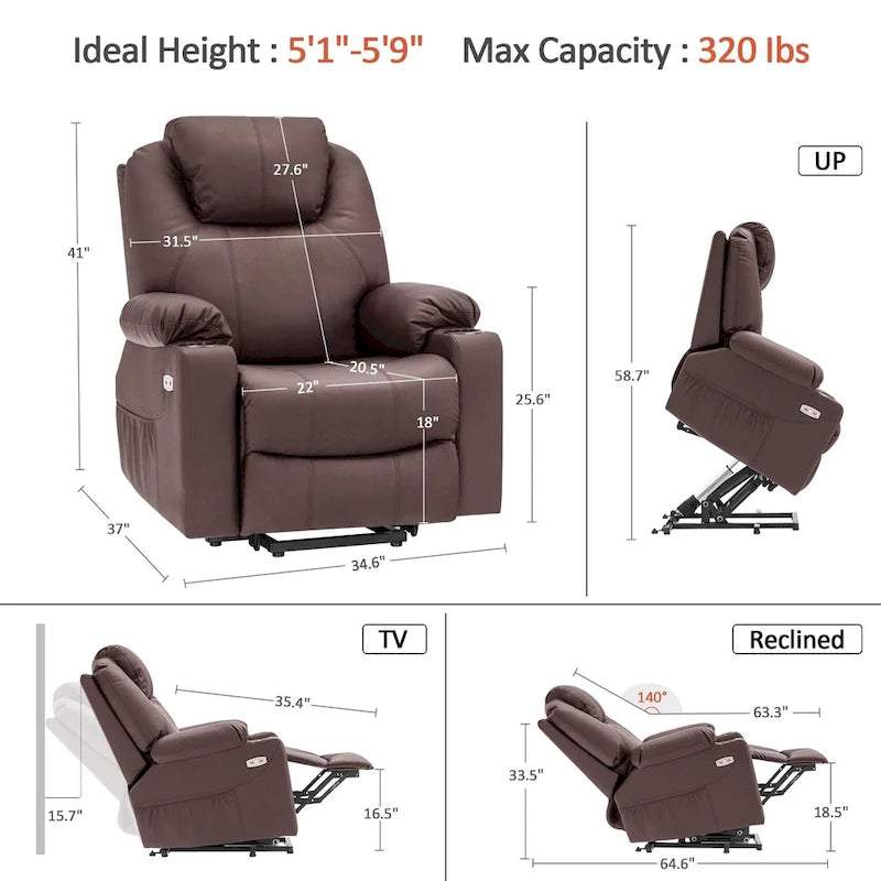 MCombo Electric Power Lift Recliner Chair Sofa with Massage and Heat, 3 Positions, USB Ports, Faux Leather 7040