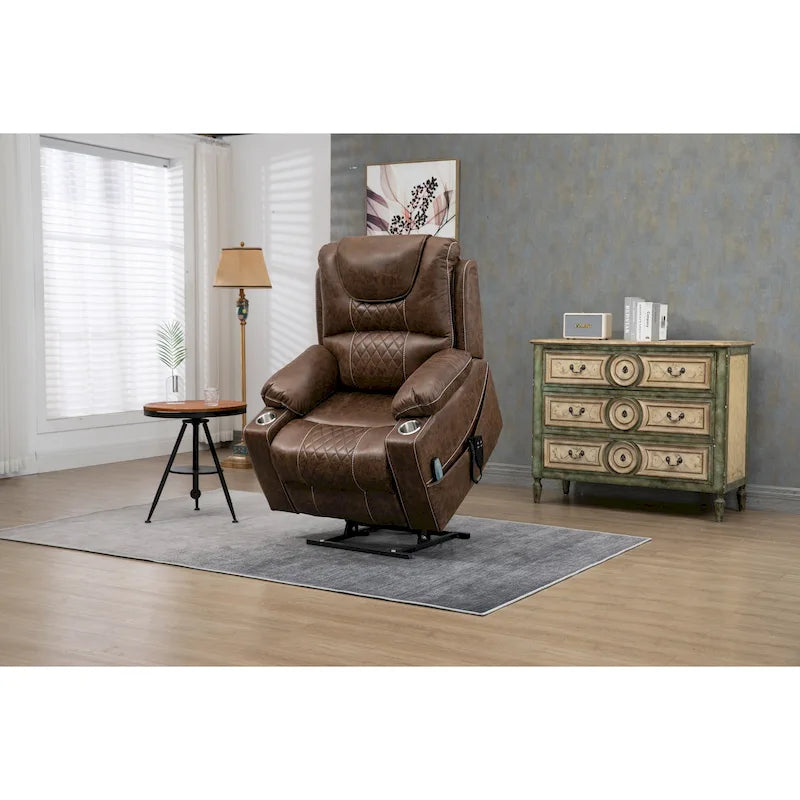 Oversized PU Leather Power Lift Recliner with Massage, Lumbar Heating, Cup Holder, 180 Flat Lay