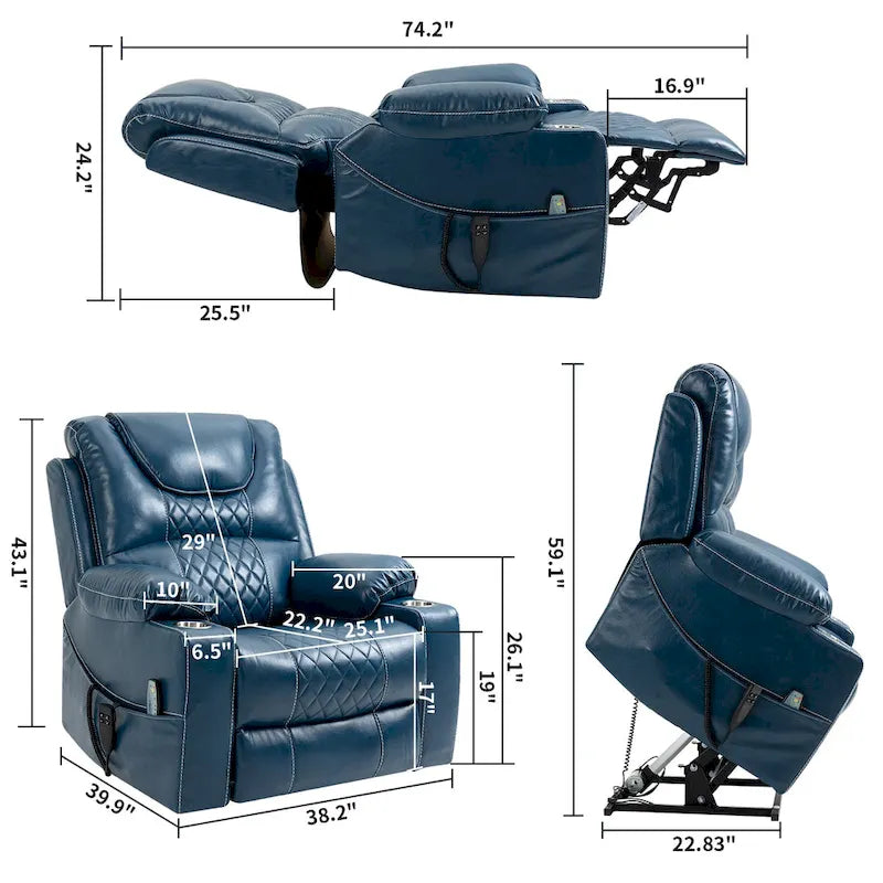 Oversized PU Leather Power Lift Recliner with Massage, Lumbar Heating, Cup Holder, 180 Flat Lay