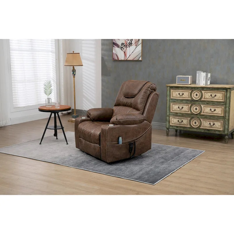 Oversized PU Leather Power Lift Recliner with Massage, Lumbar Heating, Cup Holder, 180 Flat Lay