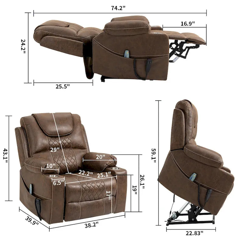 Oversized PU Leather Power Lift Recliner with Massage, Lumbar Heating, Cup Holder, 180 Flat Lay