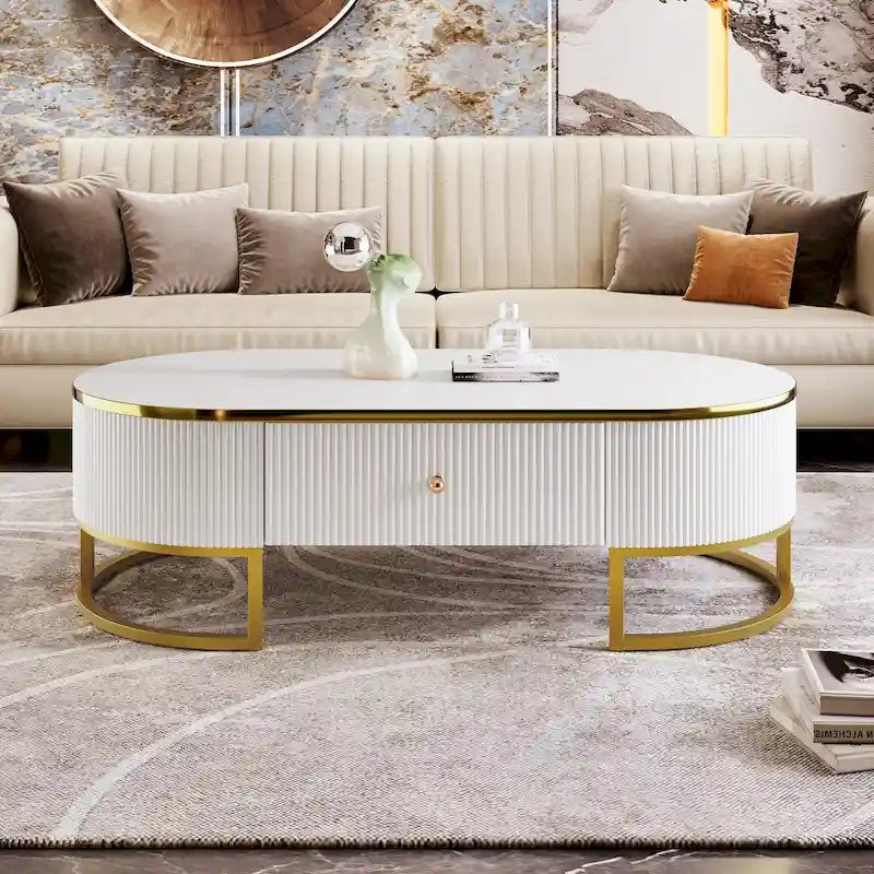 47.2 Modern Coffee Table with Gold Metal Decor and Integrated Drawers