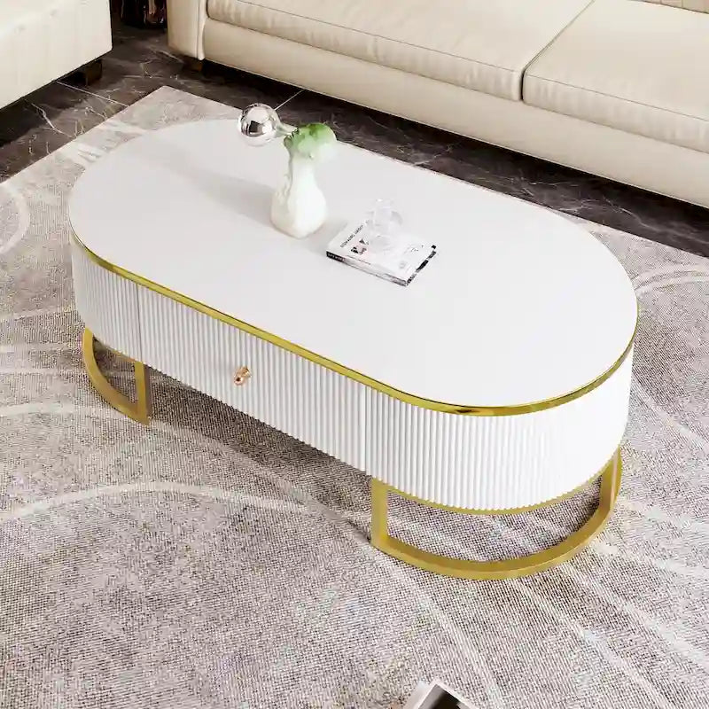 47.2 Modern Coffee Table with Gold Metal Decor and Integrated Drawers