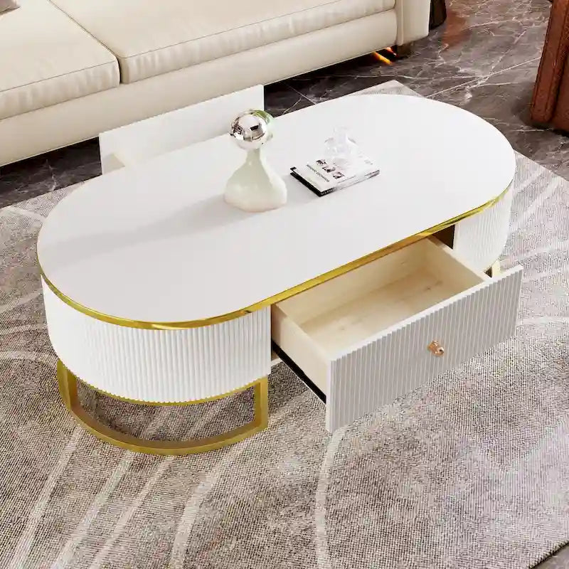 47.2 Modern Coffee Table with Gold Metal Decor and Integrated Drawers