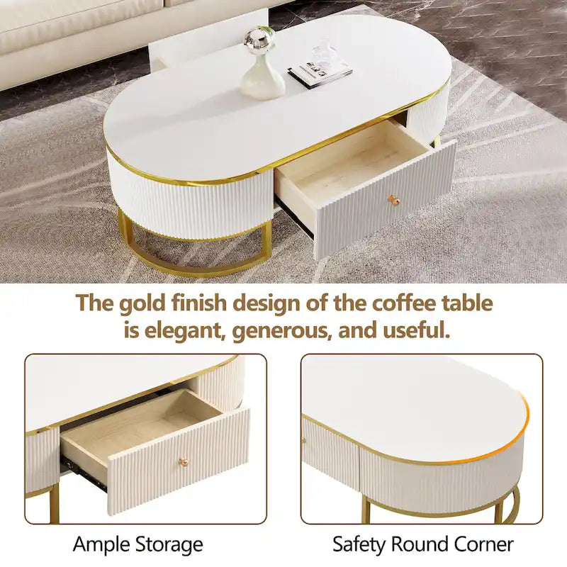 47.2 Modern Coffee Table with Gold Metal Decor and Integrated Drawers