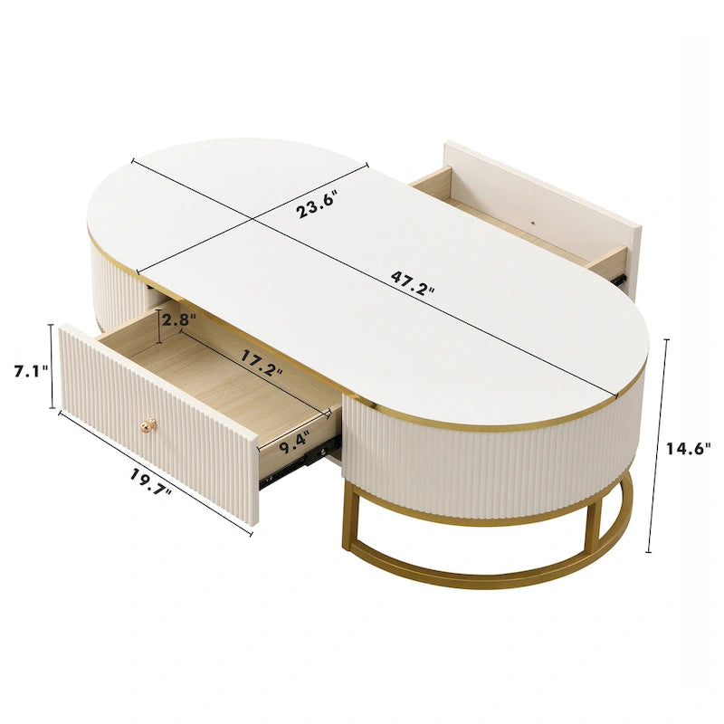 47.2 Modern Coffee Table with Gold Metal Decor and Integrated Drawers