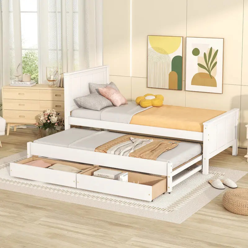 Twin Size Solid Wood Platform Bed with Trundle and Drawers