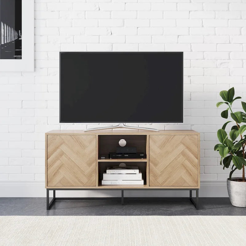 Nathan James Dylan Media Console Cabinet TV Stand with Hidden Storage Herringbone Pattern Wood Metal - 47 inches in width