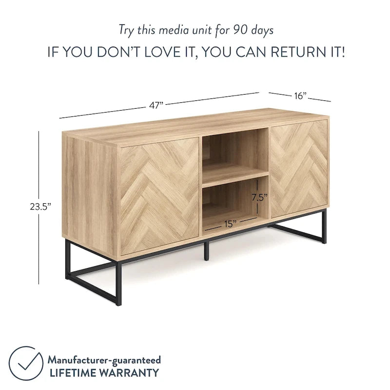 Nathan James Dylan Media Console Cabinet TV Stand with Hidden Storage Herringbone Pattern Wood Metal - 47 inches in width