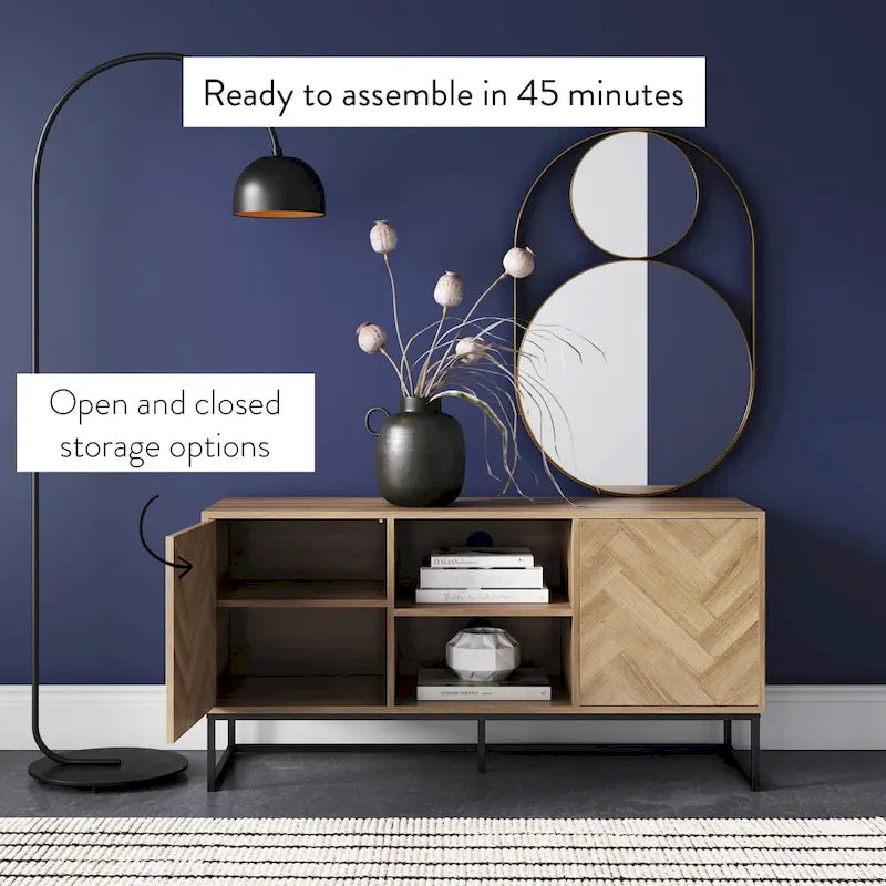 Nathan James Dylan Media Console Cabinet TV Stand with Hidden Storage Herringbone Pattern Wood Metal - 47 inches in width