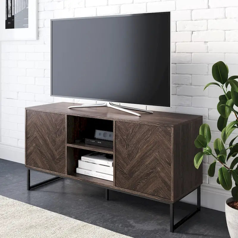 Nathan James Dylan Media Console Cabinet TV Stand with Hidden Storage Herringbone Pattern Wood Metal - 47 inches in width