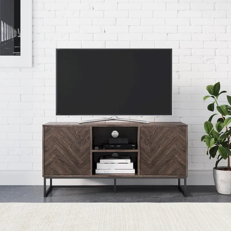 Nathan James Dylan Media Console Cabinet TV Stand with Hidden Storage Herringbone Pattern Wood Metal - 47 inches in width