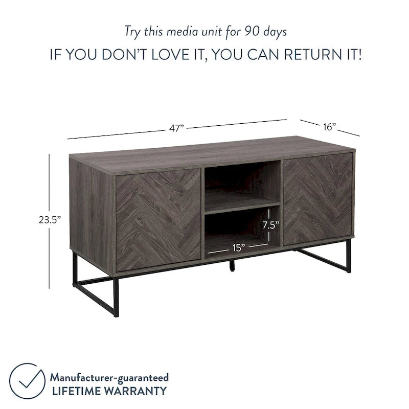 Nathan James Dylan Media Console Cabinet TV Stand with Hidden Storage Herringbone Pattern Wood Metal - 47 inches in width