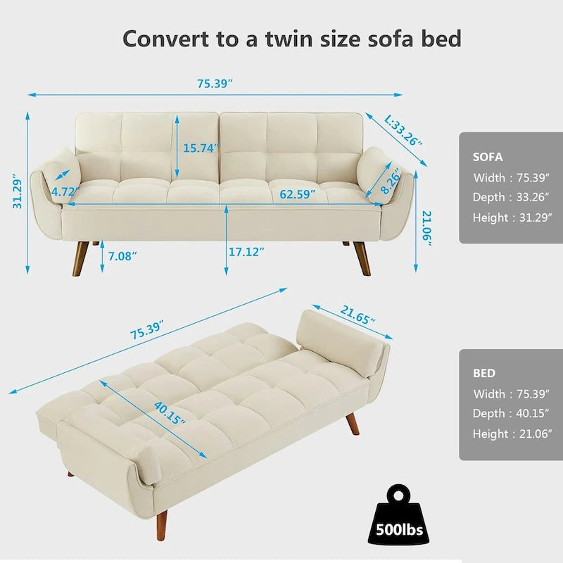 75.39 IN. Futon Sofa Bed, Convertible Upholstered Couch Sleeper with Reclining Sleeper Split Tufted Back