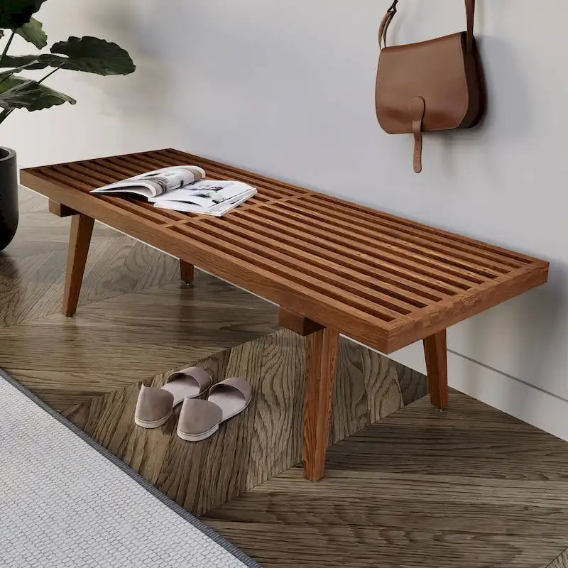 48 Rectangular Platform Entryway Bench in Natural Wood Modern Slatted Design for Living Room Home & Office