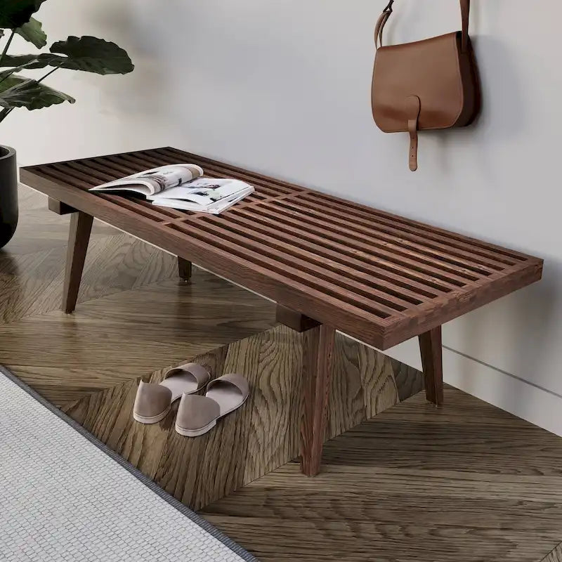 48 Rectangular Platform Entryway Bench in Natural Wood Modern Slatted Design for Living Room Home & Office
