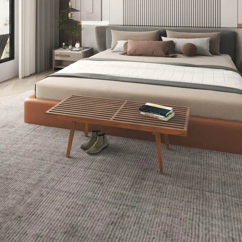 48 Rectangular Platform Entryway Bench in Natural Wood Modern Slatted Design for Living Room Home & Office