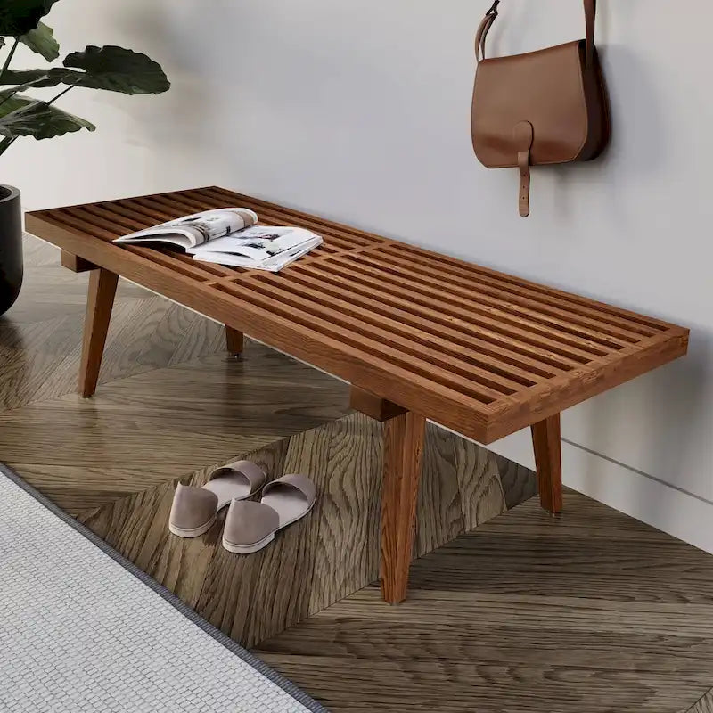 48 Rectangular Platform Entryway Bench in Natural Wood Modern Slatted Design for Living Room Home & Office