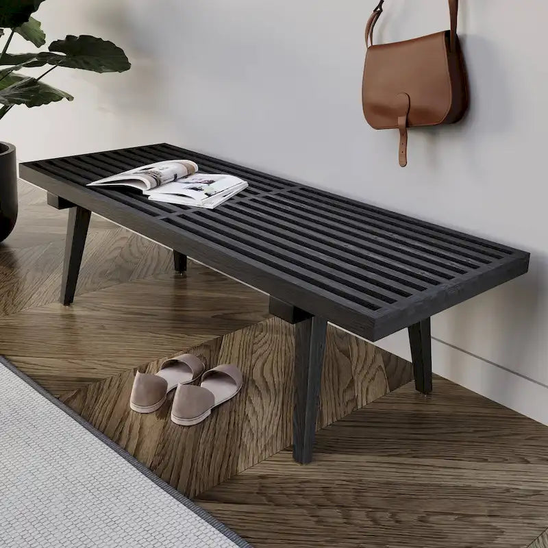 48 Rectangular Platform Entryway Bench in Natural Wood Modern Slatted Design for Living Room Home & Office