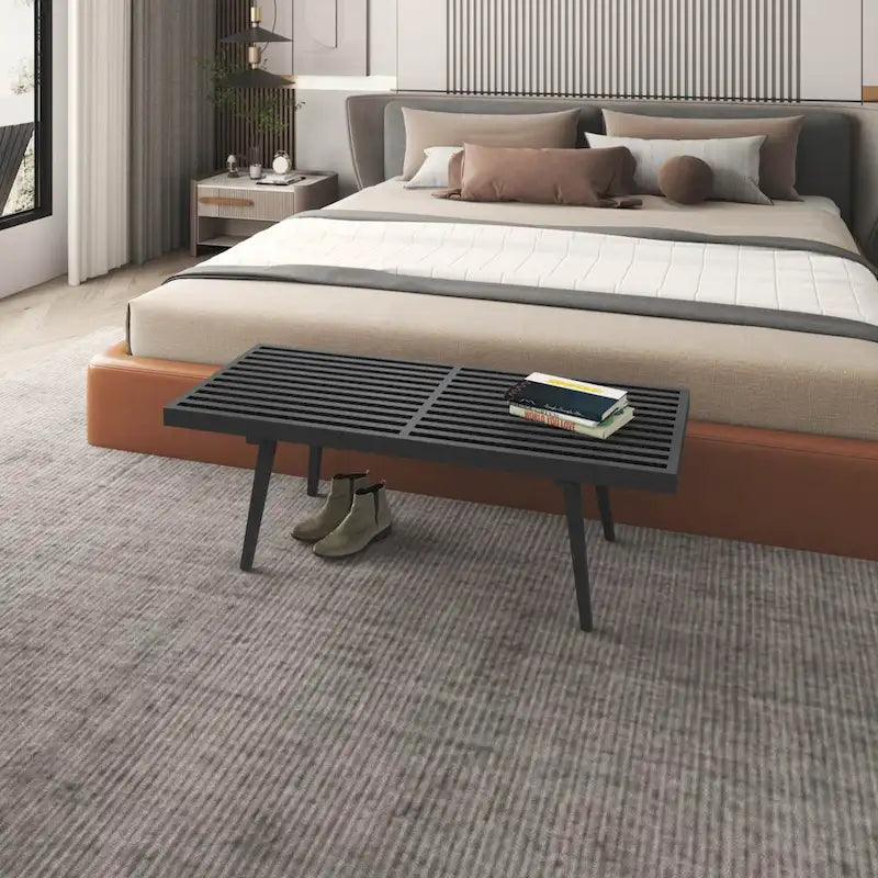 48 Rectangular Platform Entryway Bench in Natural Wood Modern Slatted Design for Living Room Home & Office