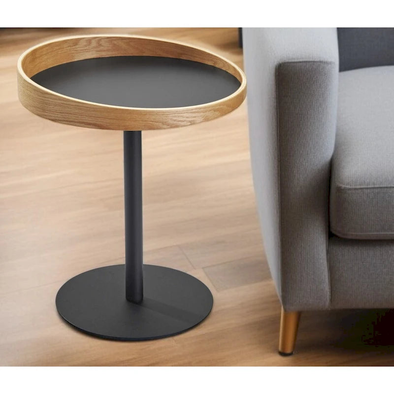 HomeRoots 22 Black And Natural Wood And Metal Round Pedestal End Table - 18