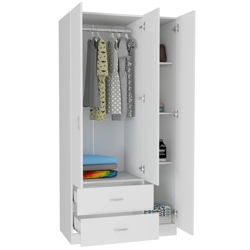 FM Furniture Eureka 3 Door Armoire with 2 Drawers, Inner Shelves, and Rod