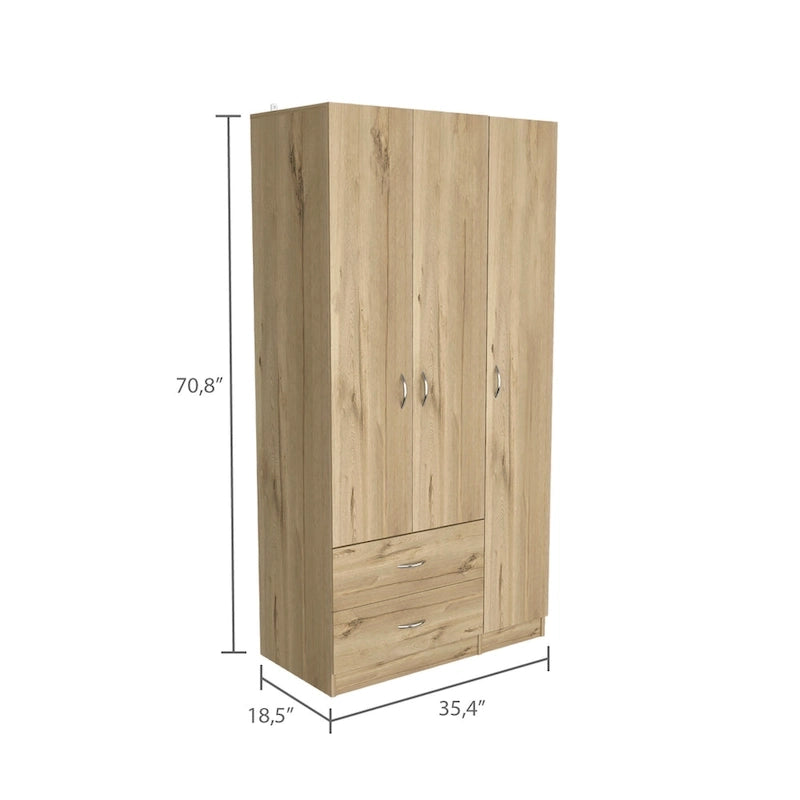 FM Furniture Eureka 3 Door Armoire with 2 Drawers, Inner Shelves, and Rod