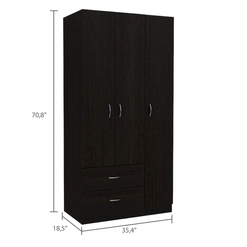 FM Furniture Eureka 3 Door Armoire with 2 Drawers, Inner Shelves, and Rod