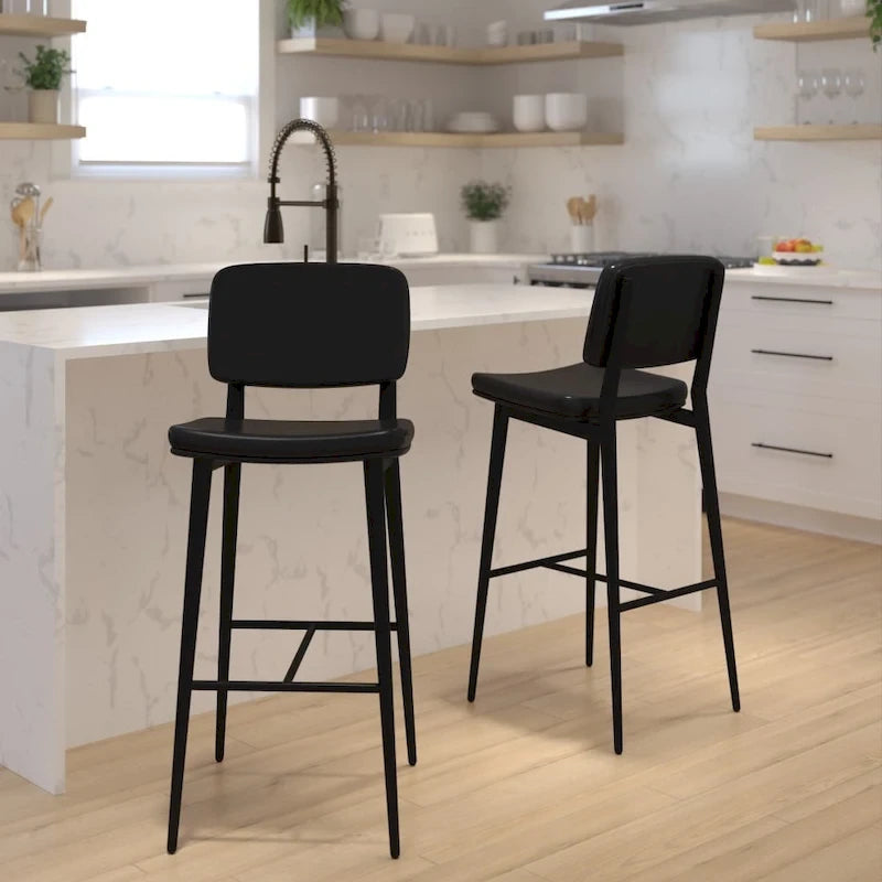 Set of 2 LeatherSoft Barstools with Iron Frame-Integrated Footrest
