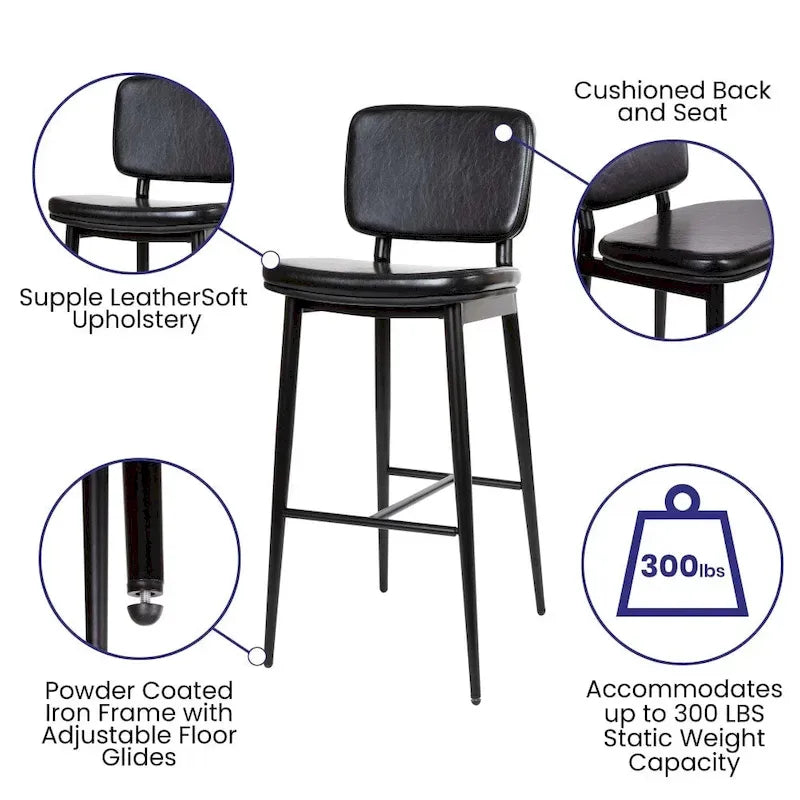 Set of 2 LeatherSoft Barstools with Iron Frame-Integrated Footrest