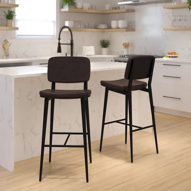 Set of 2 LeatherSoft Barstools with Iron Frame-Integrated Footrest