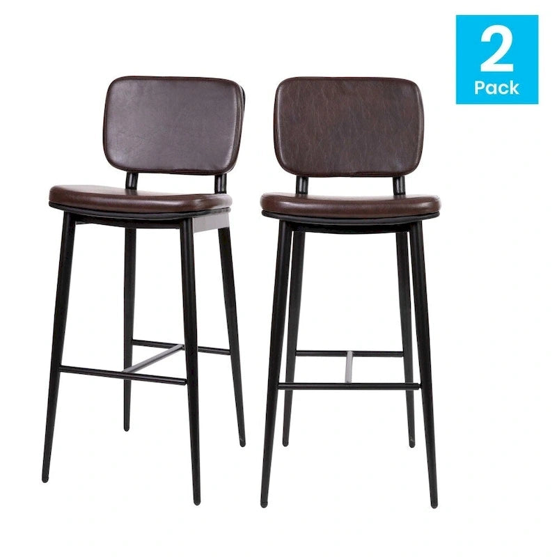 Set of 2 LeatherSoft Barstools with Iron Frame-Integrated Footrest