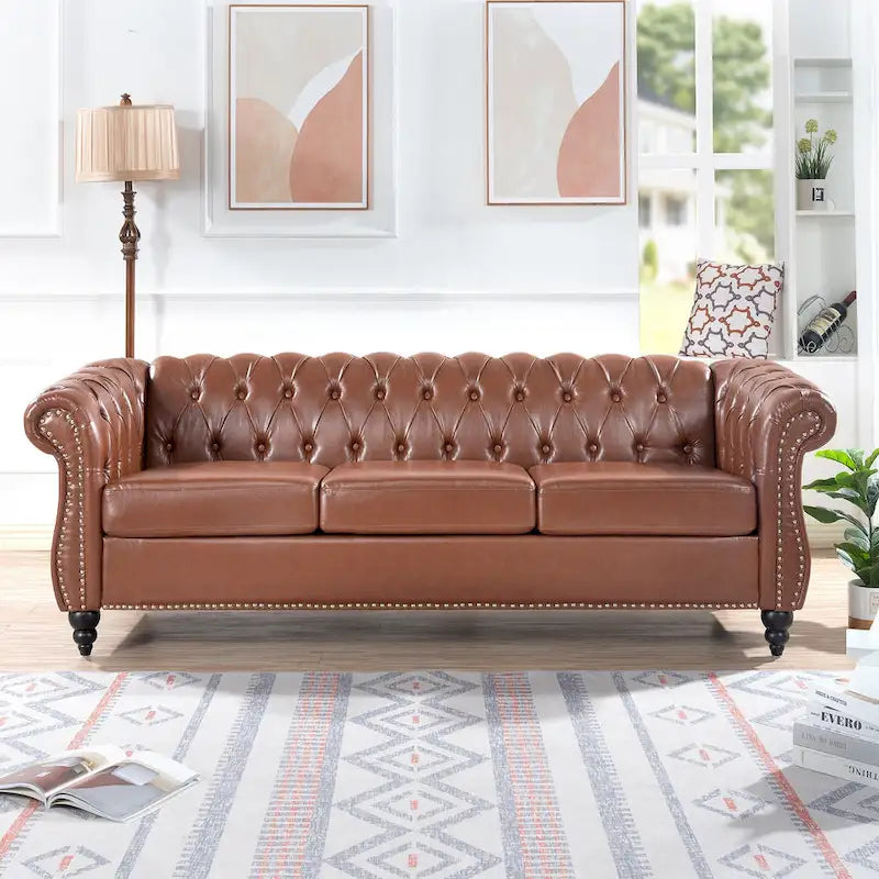 Rolled Arm Faux Leather Chesterfield Sofa with Removable Cushions