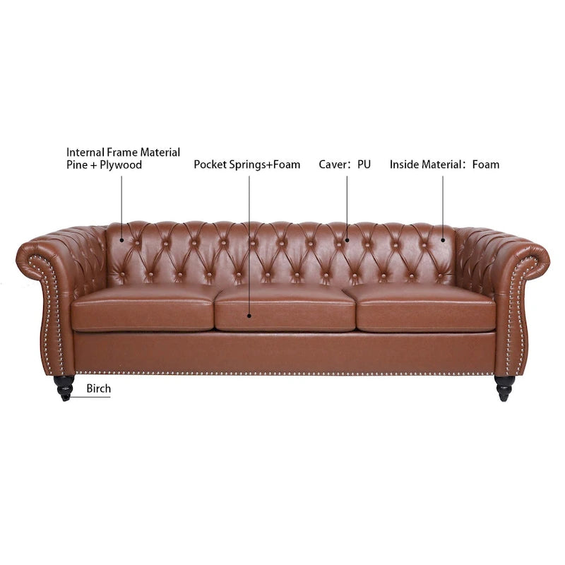 Rolled Arm Faux Leather Chesterfield Sofa with Removable Cushions