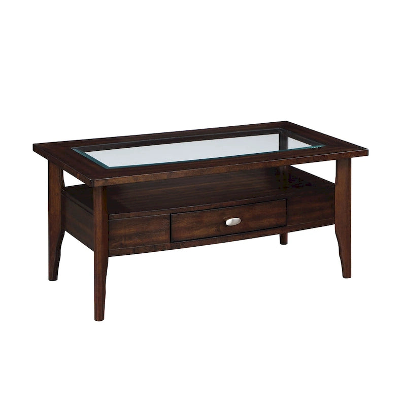 Genoas Traditional Walnut 44-inch 1-Drawer Glass Coffee Table by Furniture of America