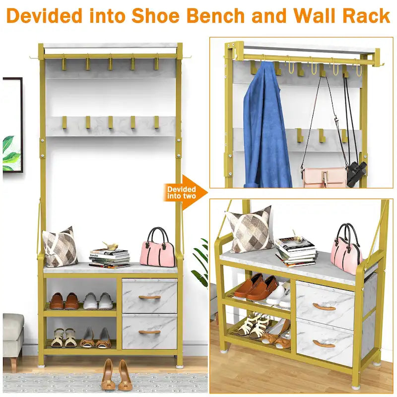Hall Tree with Bench, Can Divided into freestanding Shoe Bench and Wall Rack