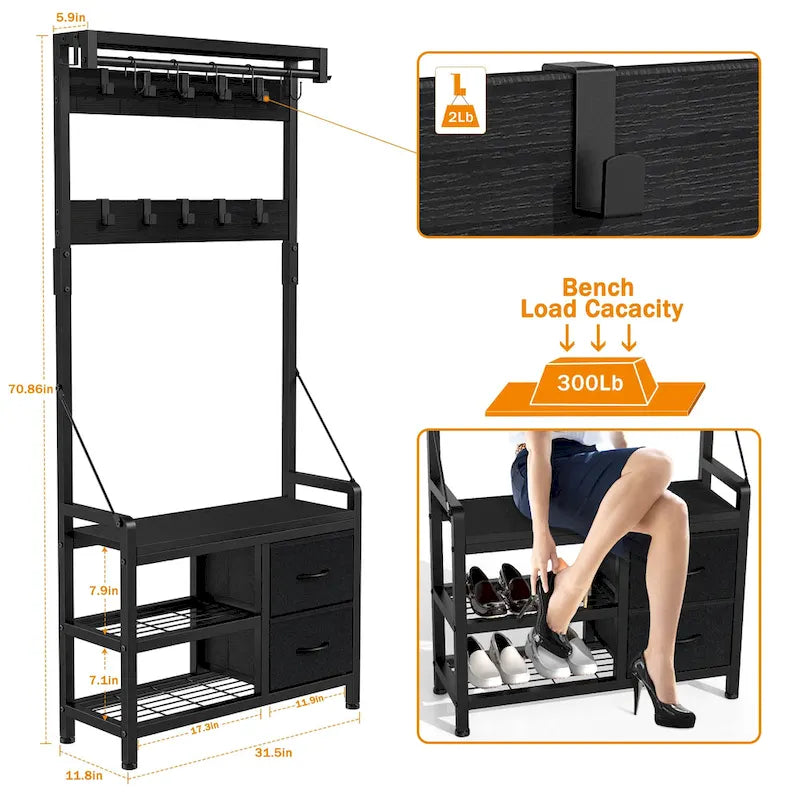 Hall Tree with Bench, Can Divided into freestanding Shoe Bench and Wall Rack