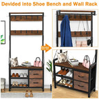Hall Tree with Bench, Can Divided into freestanding Shoe Bench and Wall Rack
