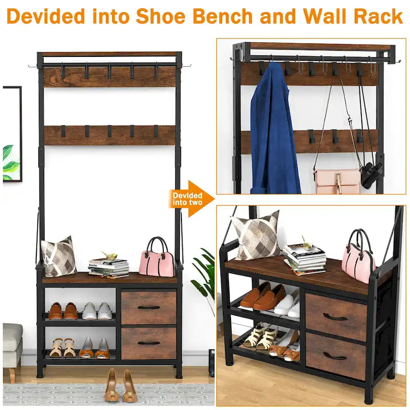 Hall Tree with Bench, Can Divided into freestanding Shoe Bench and Wall Rack