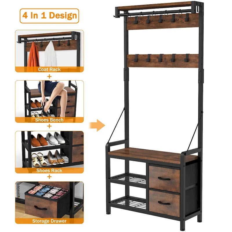 Hall Tree with Bench, Can Divided into freestanding Shoe Bench and Wall Rack