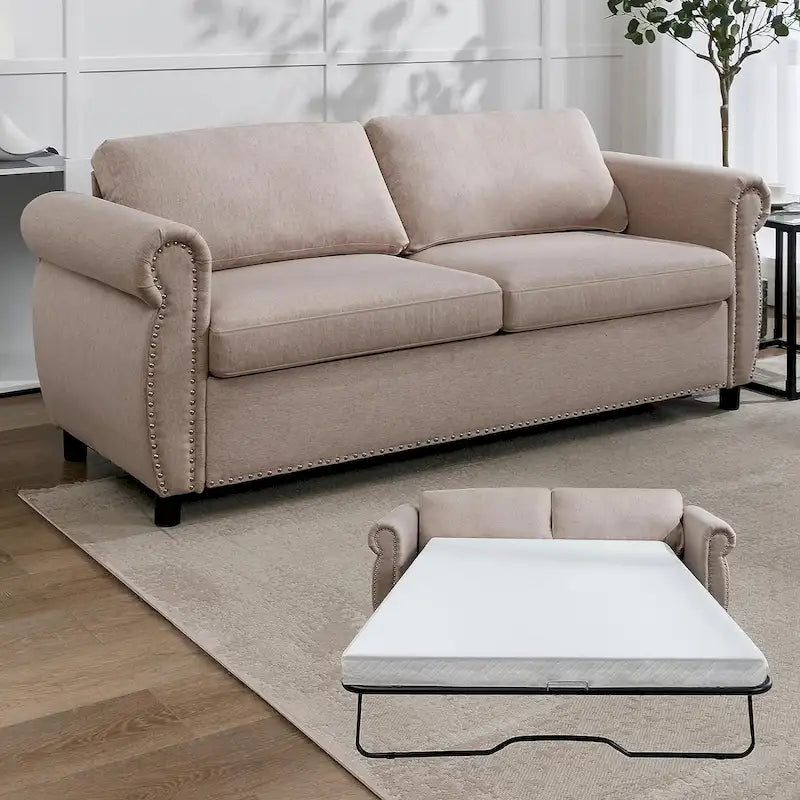 Mixoy Pull Out 2 in 1 Sleeper Sofa Bed with Mattress,Convertible Upholstered Loveseat with Nailhead
