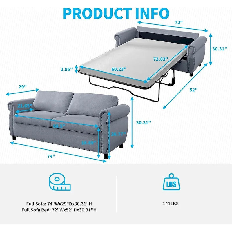 Mixoy Pull Out 2 in 1 Sleeper Sofa Bed with Mattress,Convertible Upholstered Loveseat with Nailhead