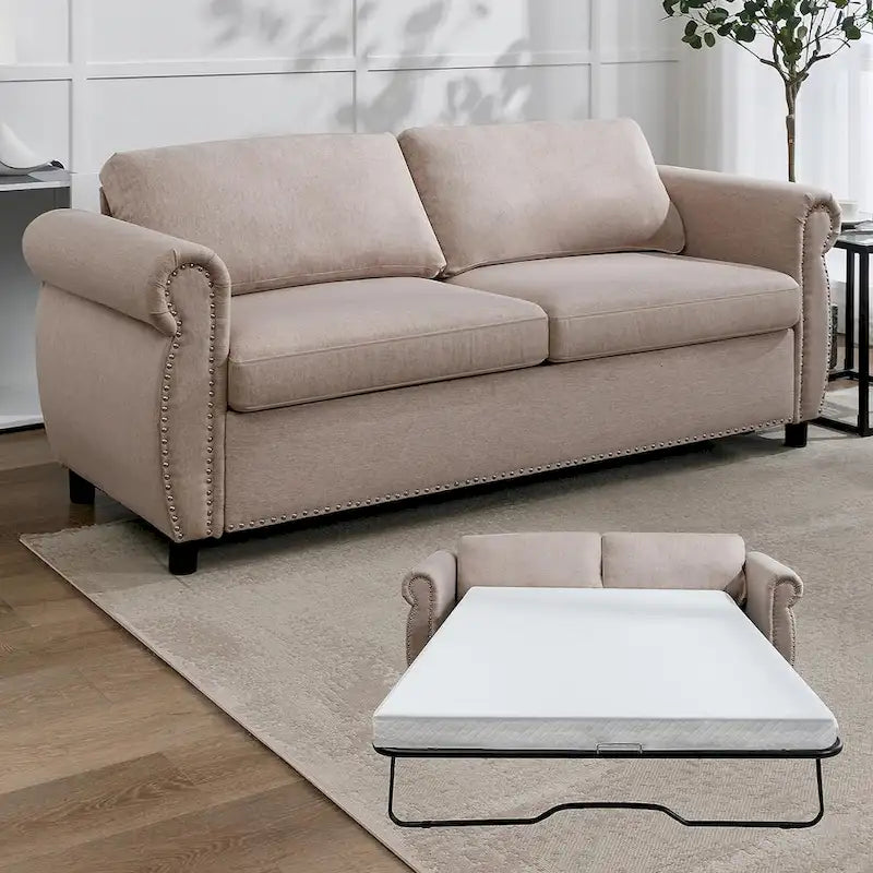 Mixoy Pull Out 2 in 1 Sleeper Sofa Bed with Mattress,Convertible Upholstered Loveseat with Nailhead