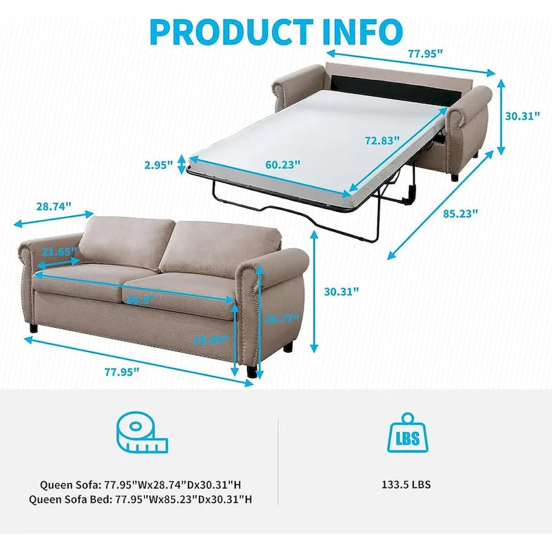 Mixoy Pull Out 2 in 1 Sleeper Sofa Bed with Mattress,Convertible Upholstered Loveseat with Nailhead