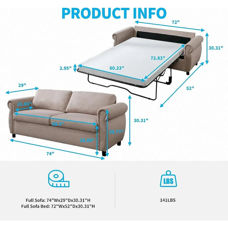 Mixoy Pull Out 2 in 1 Sleeper Sofa Bed with Mattress,Convertible Upholstered Loveseat with Nailhead