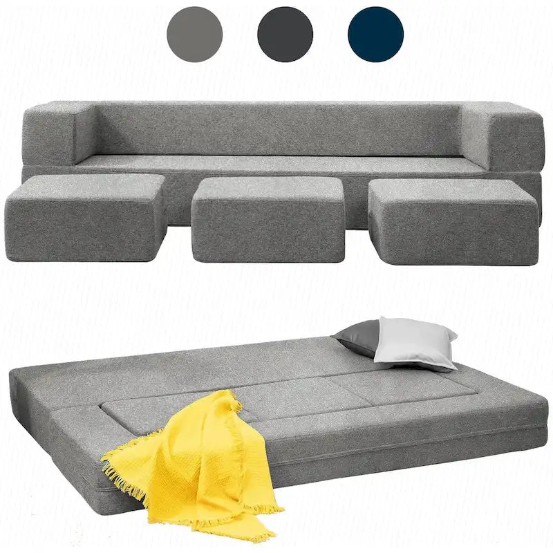 Mixoy Queen Convertible Velvet Futon Sofa Bed with 3 Ottomans,Memory Foam,Foldable Mattress Floor Couch Sofa